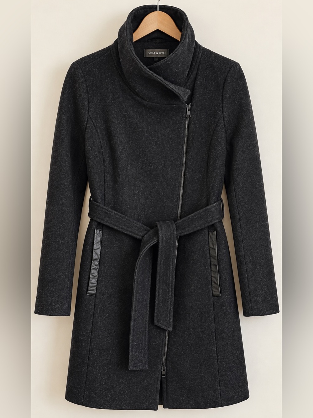 Soya & Kyo Wool Blend Belted Asymmetrical Zip Coat Size Medium